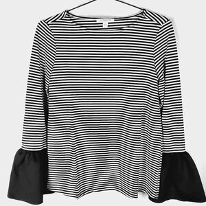 Beach Lunch Lounge Womens Blouse Black Stripe Bell Sleeve Boat Neck Stretch S